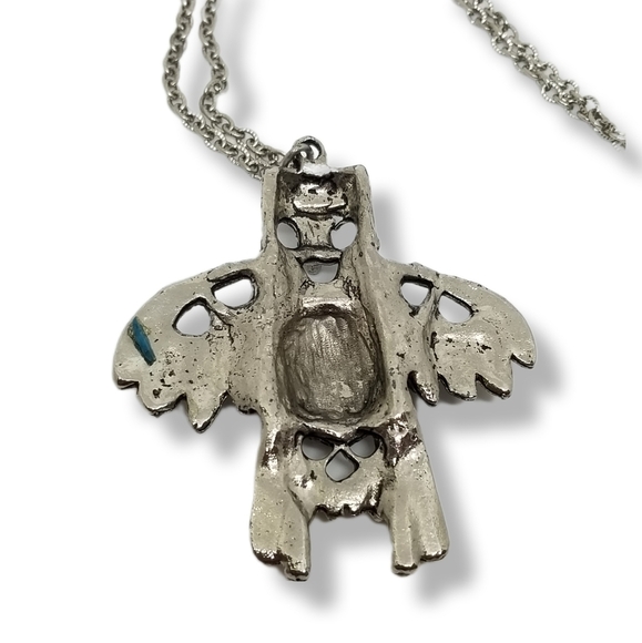 SILVERTONED & FAUX TURQUOISE NATIVE AMERICAN STYLE THUNDERBIRD PENDANT NECKLACE - Picture 6 of 7